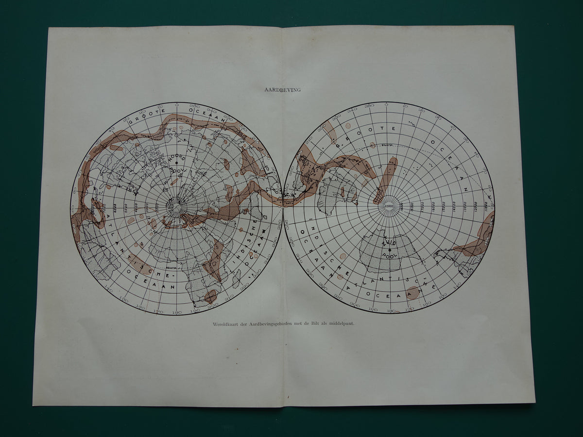 WORLD MAP old map of the world about earthquakes 1932 original Dutch map earthquake De Bilt