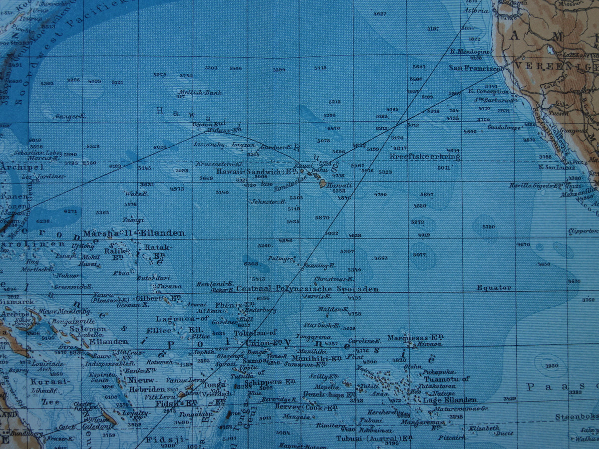 Oude kaart van de Grote Oceaan Originele 105+ jaar oude antieke Nederlandse landkaart Pacific