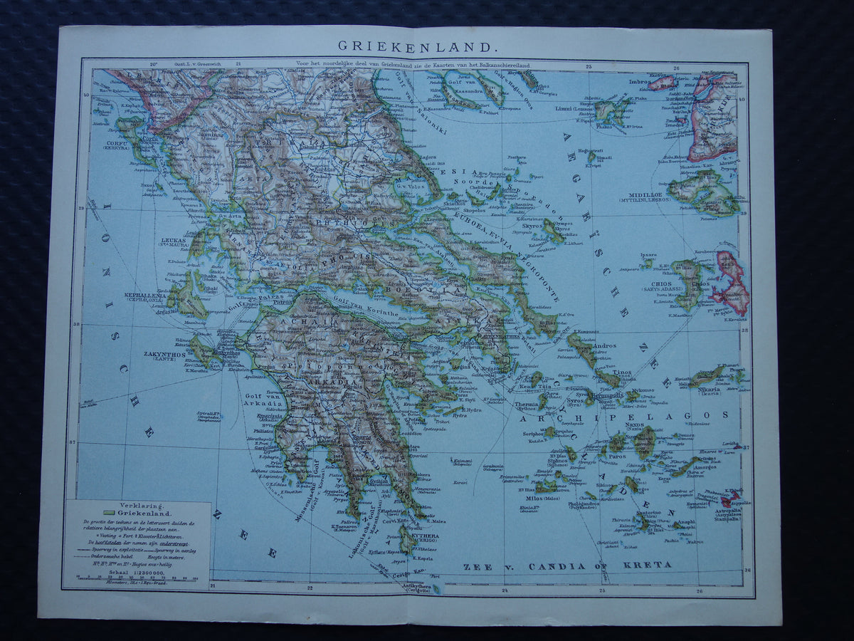 Old map of GREECE from 1917 Original antique Dutch map