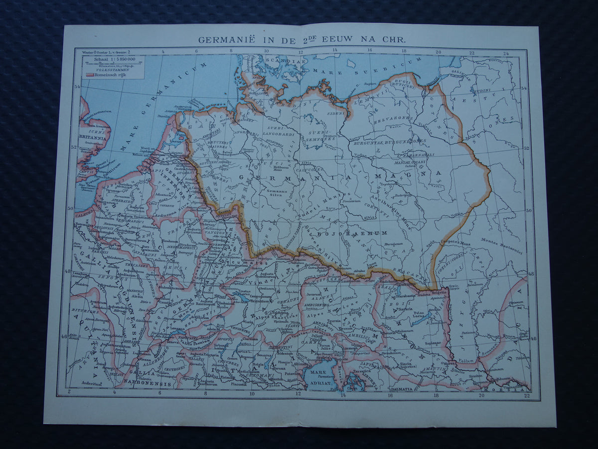 Germanië en het Romeinse Rijk vintage Nederlandse kaart uit 1917 originele oude historische landkaart 2e eeuw na Christus Limes