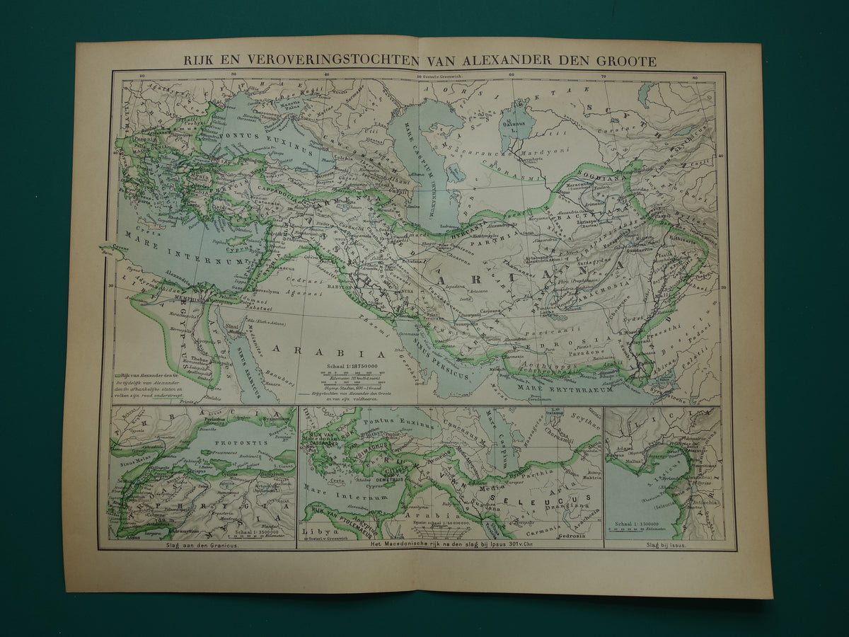 Kaart van het rijk van Alexander de Grote uit 1932 - Oude Nederlandse kaart Macedonische Alexandrijnse rijk vintage landkaart