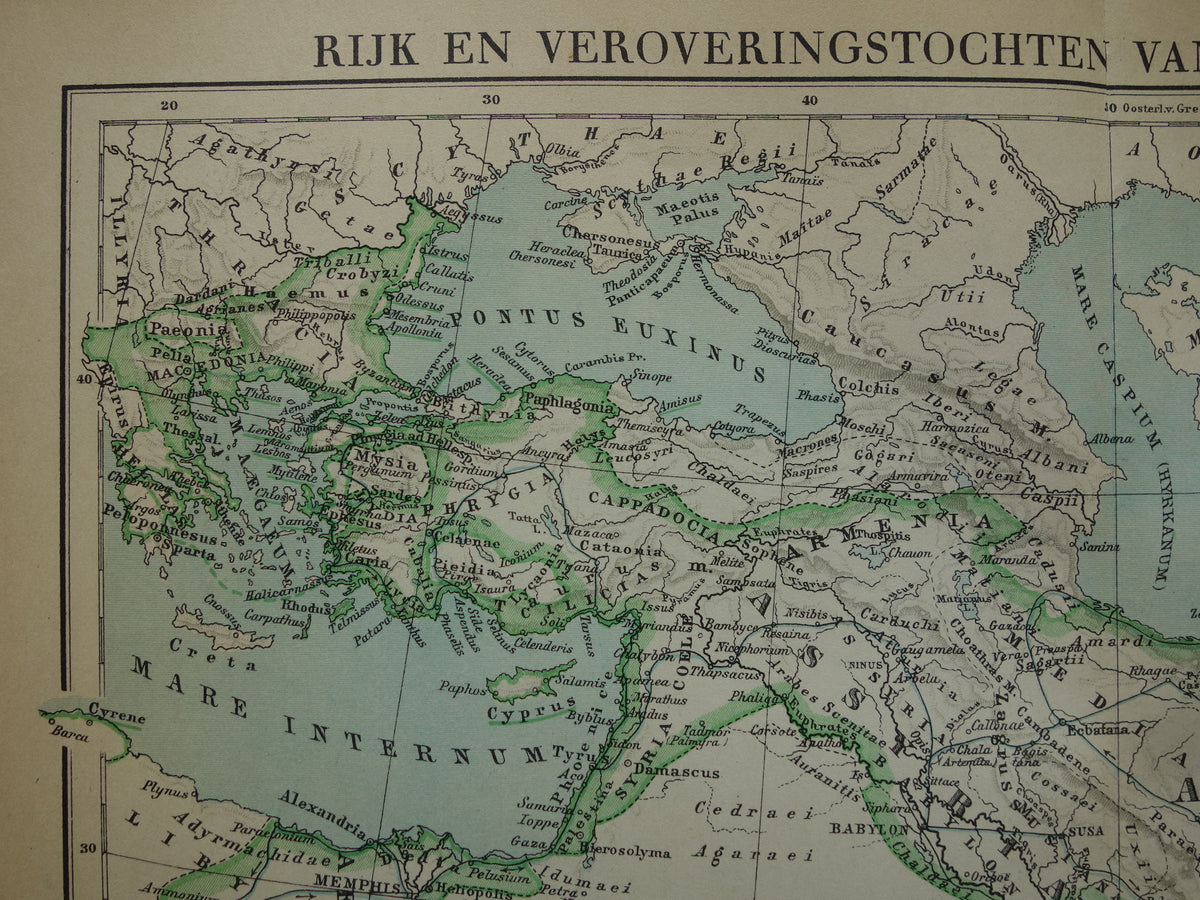 Kaart van het rijk van Alexander de Grote uit 1932 - Oude Nederlandse kaart Macedonische Alexandrijnse rijk vintage landkaart