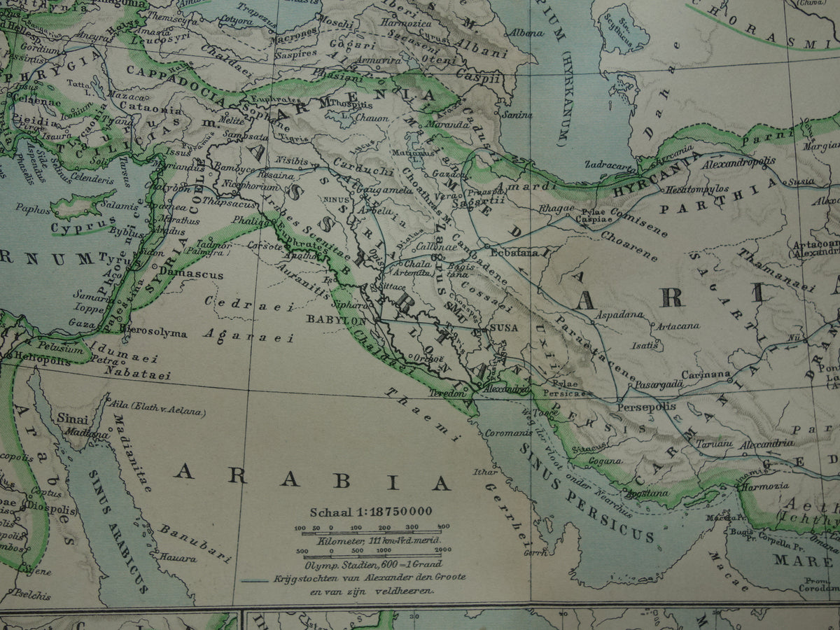 Kaart van het rijk van Alexander de Grote uit 1932 - Oude Nederlandse kaart Macedonische Alexandrijnse rijk vintage landkaart