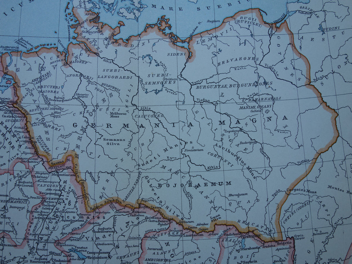 Germania and the Roman Empire vintage Dutch map from 1917 original old historical map 2nd century AD Limes