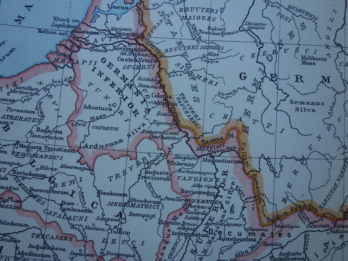 Germania and the Roman Empire vintage Dutch map from 1917 original old historical map 2nd century AD Limes