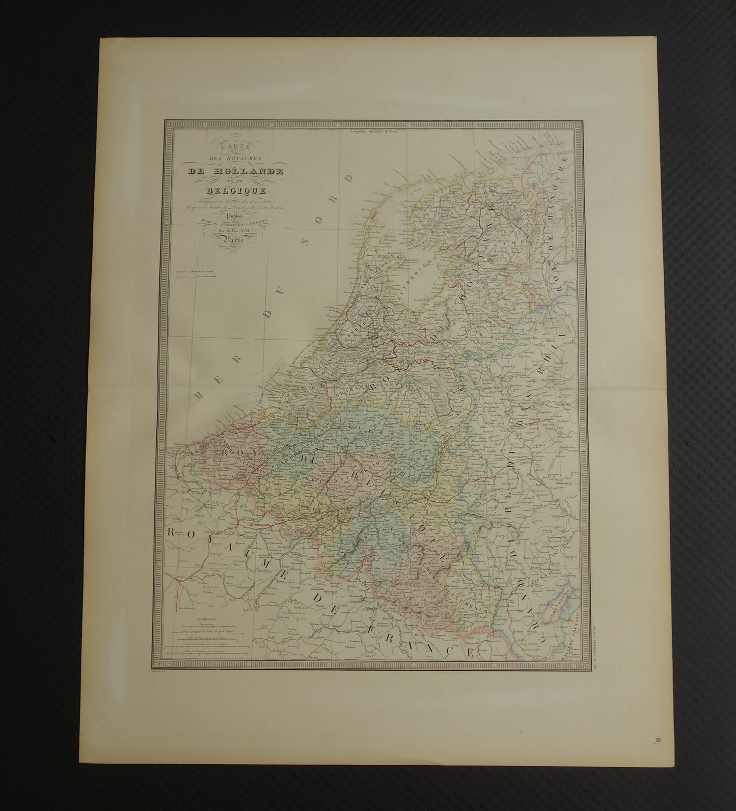 Oude kaart van Nederland en België in 1850 Grote originele antieke landkaart met prachtige kleuren