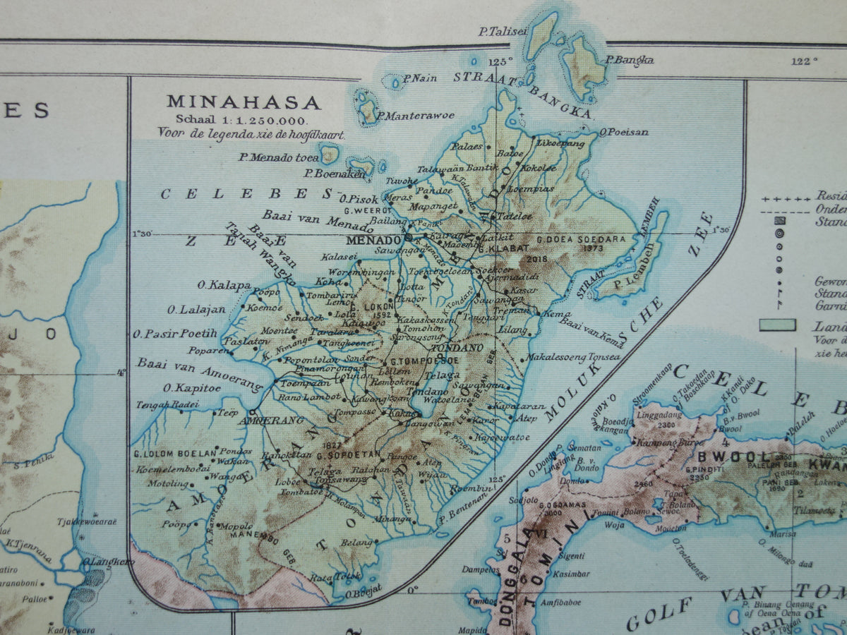 Sulawesi old map of Celebes Indonesia 1915 original antique Dutch map historical maps Minahassa Makassar