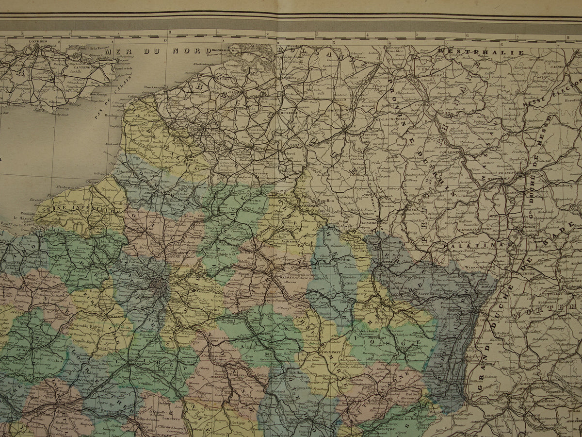 Old map of France from 1886 very large antique map Vintage hand-colored maps