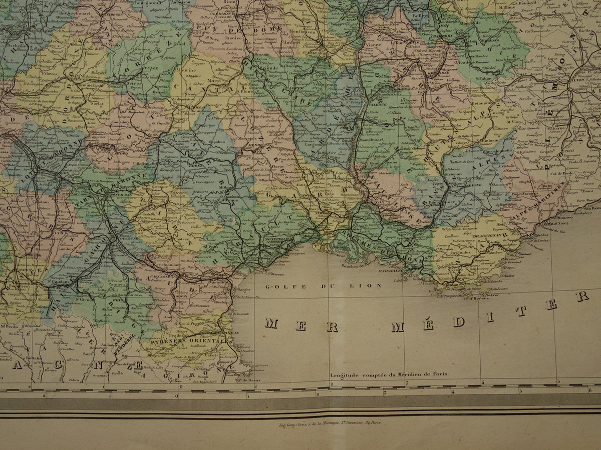 Old map of France from 1886 very large antique map Vintage hand-colored maps
