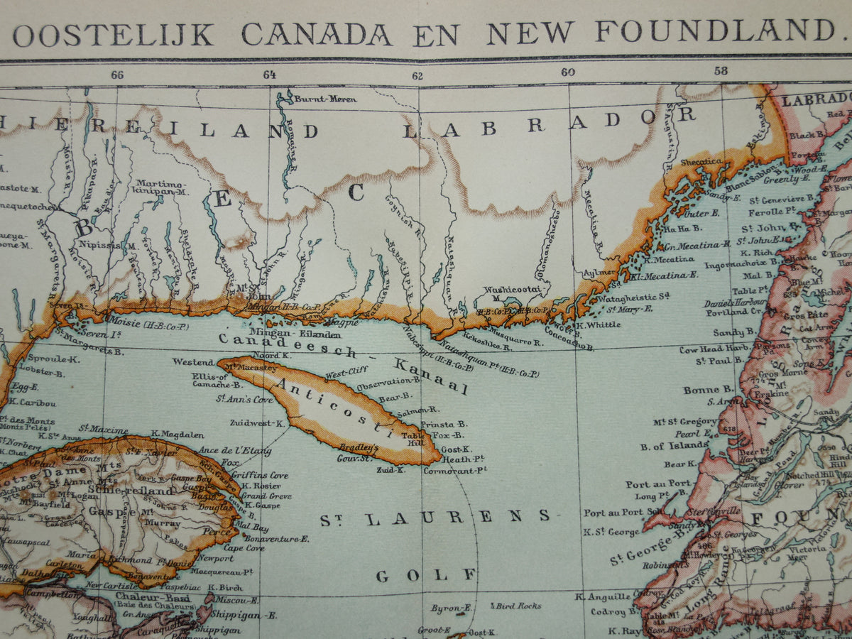 CANADA Antieke kaart van Newfoundland Nova Scotia Brunswick 1915 oude Nederlandse landkaart