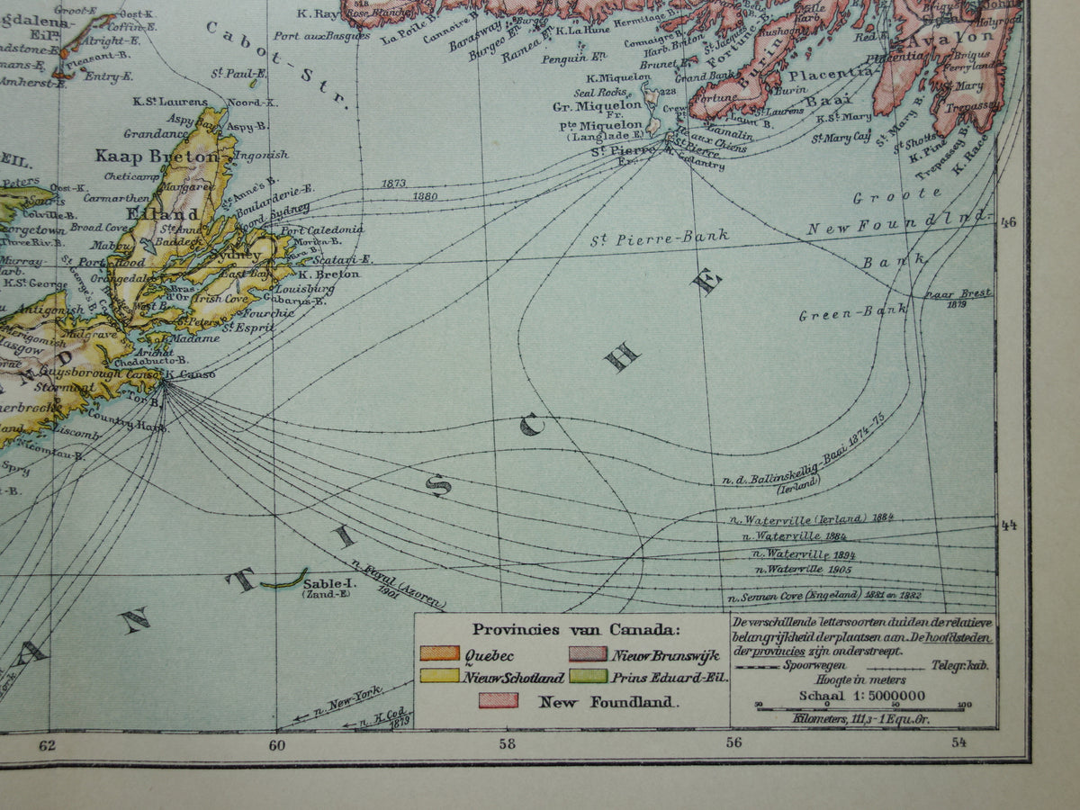 CANADA Antieke kaart van Newfoundland Nova Scotia Brunswick 1915 oude Nederlandse landkaart