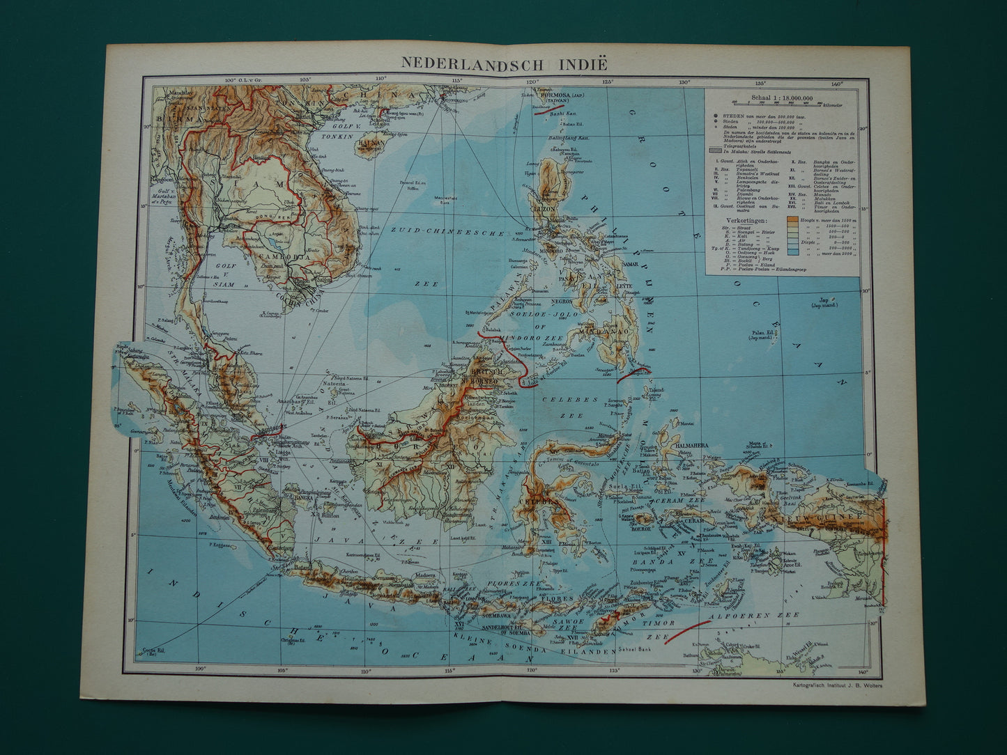 INDONESIA old map of Indonesia Philippines Southeast Asia 1937 original vintage Dutch map Dutch East Indies Batavia Aceh Java