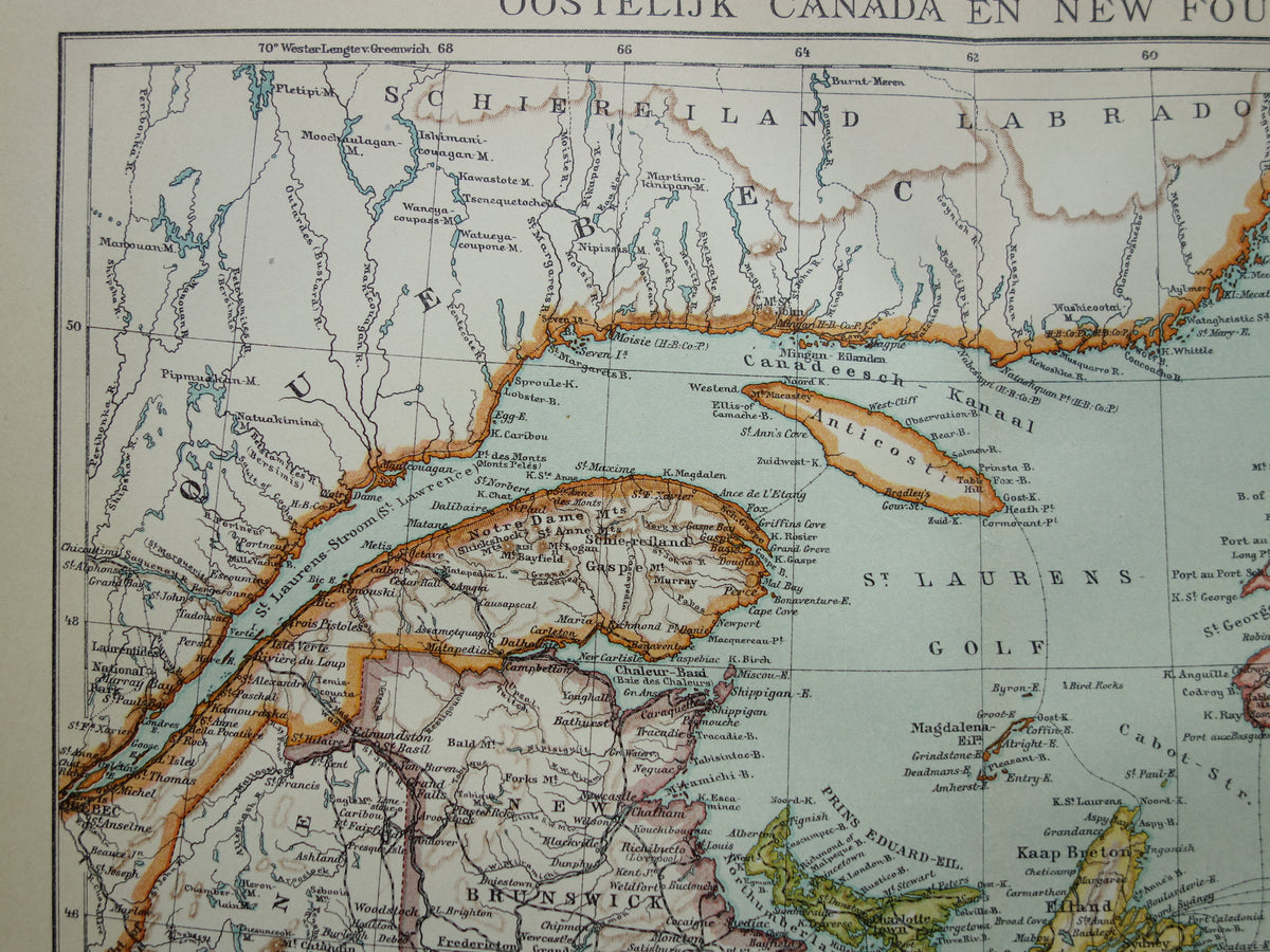 CANADA Antieke kaart van Newfoundland Nova Scotia Brunswick 1915 oude Nederlandse landkaart
