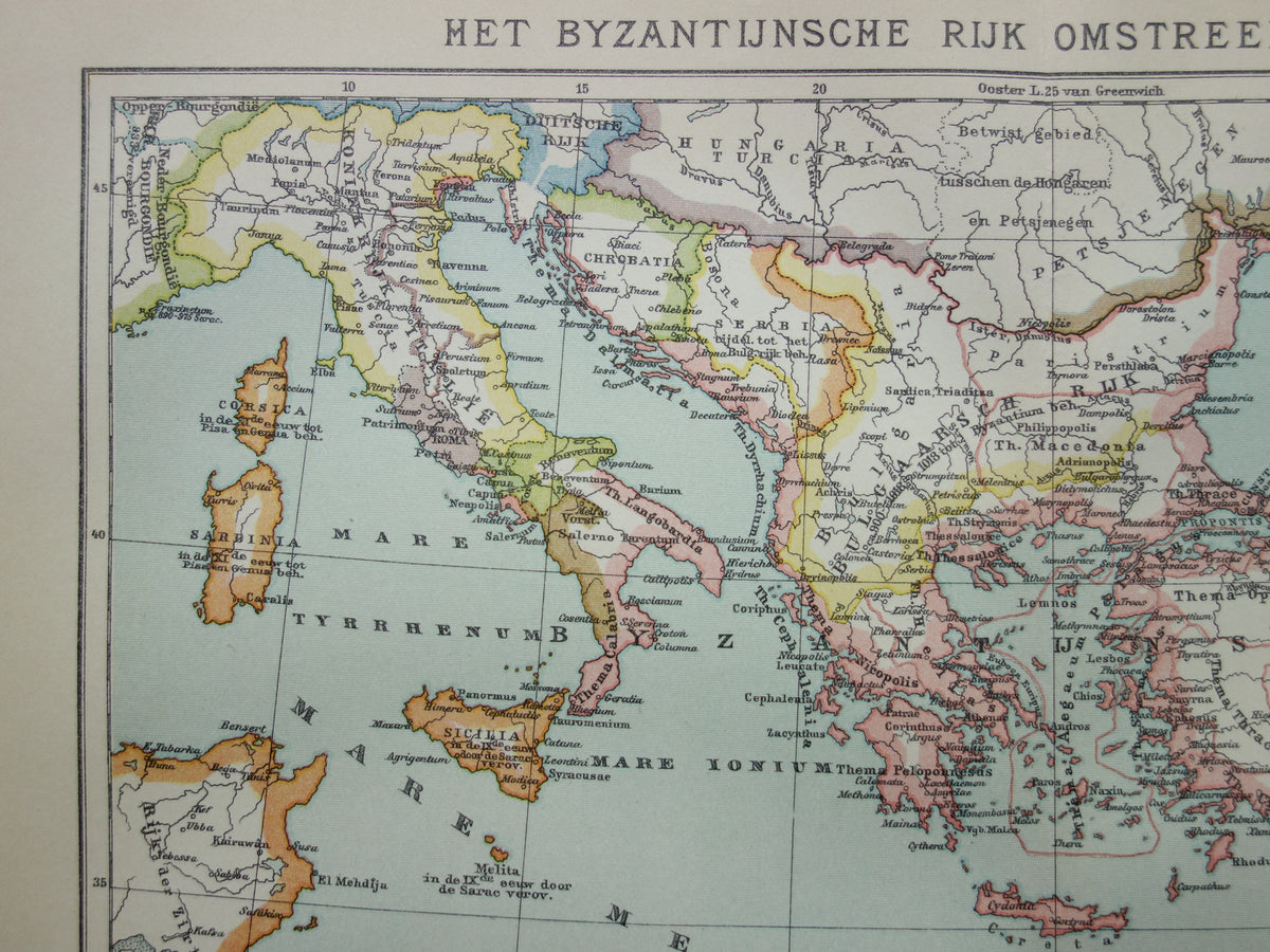 Byzantijnse Rijk oude landkaart van Oost Romeinse Rijk uit 1915 originele antieke Nederlandse kaart geschiedeniskaart