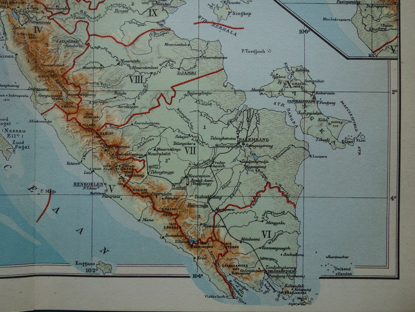 Sumatra old map of Sumatra Indonesia 1938 original vintage Dutch map historical maps Sumatra Medan Palembang