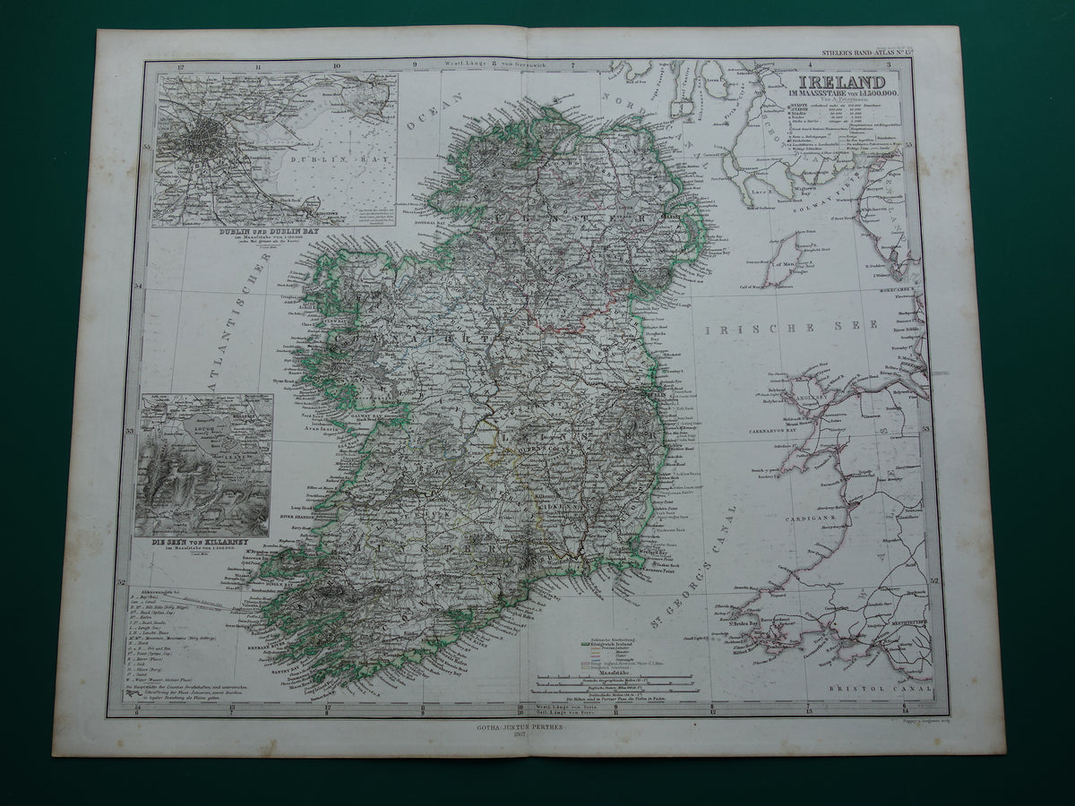 IRELAND old map of Ireland 1867 original antique German map with date