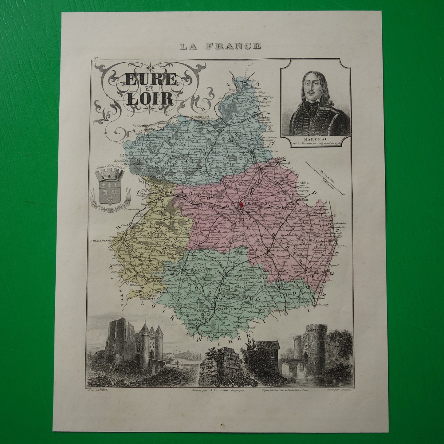 Eure et Loir department France old map 1880 original antique map Chartres Chateau Saint Jean Nogent-le-Rotrou historical maps