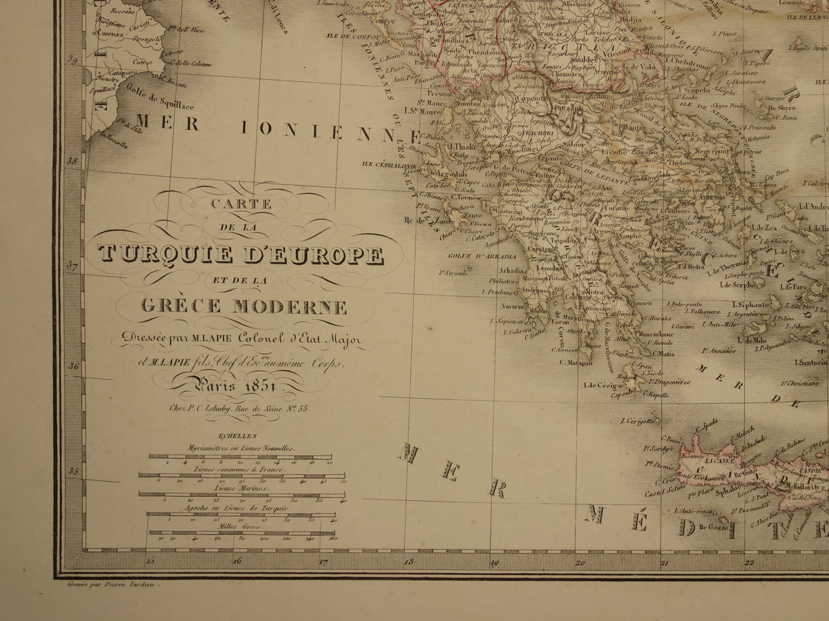 Old map Greece and Turkish Empire in the Balkans in 1851 - Antique French map Turkey Serbia Romania - hand colored vintage maps