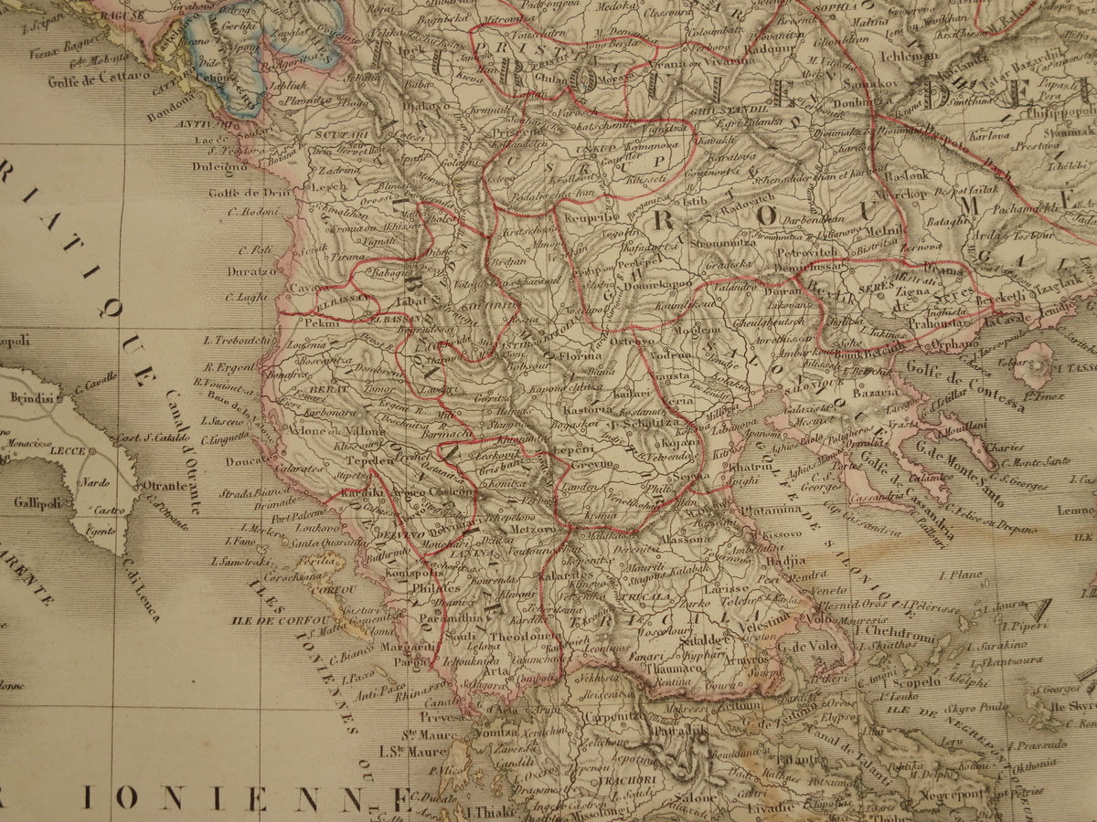 Old map Greece and Turkish Empire in the Balkans in 1851 - Antique French map Turkey Serbia Romania - hand colored vintage maps