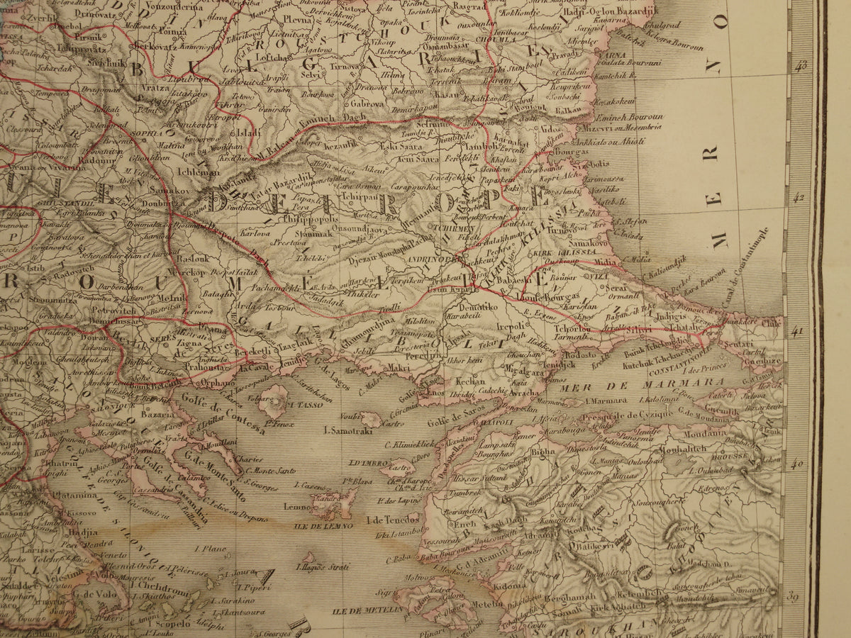 Old map Greece and Turkish Empire in the Balkans in 1851 - Antique French map Turkey Serbia Romania - hand colored vintage maps