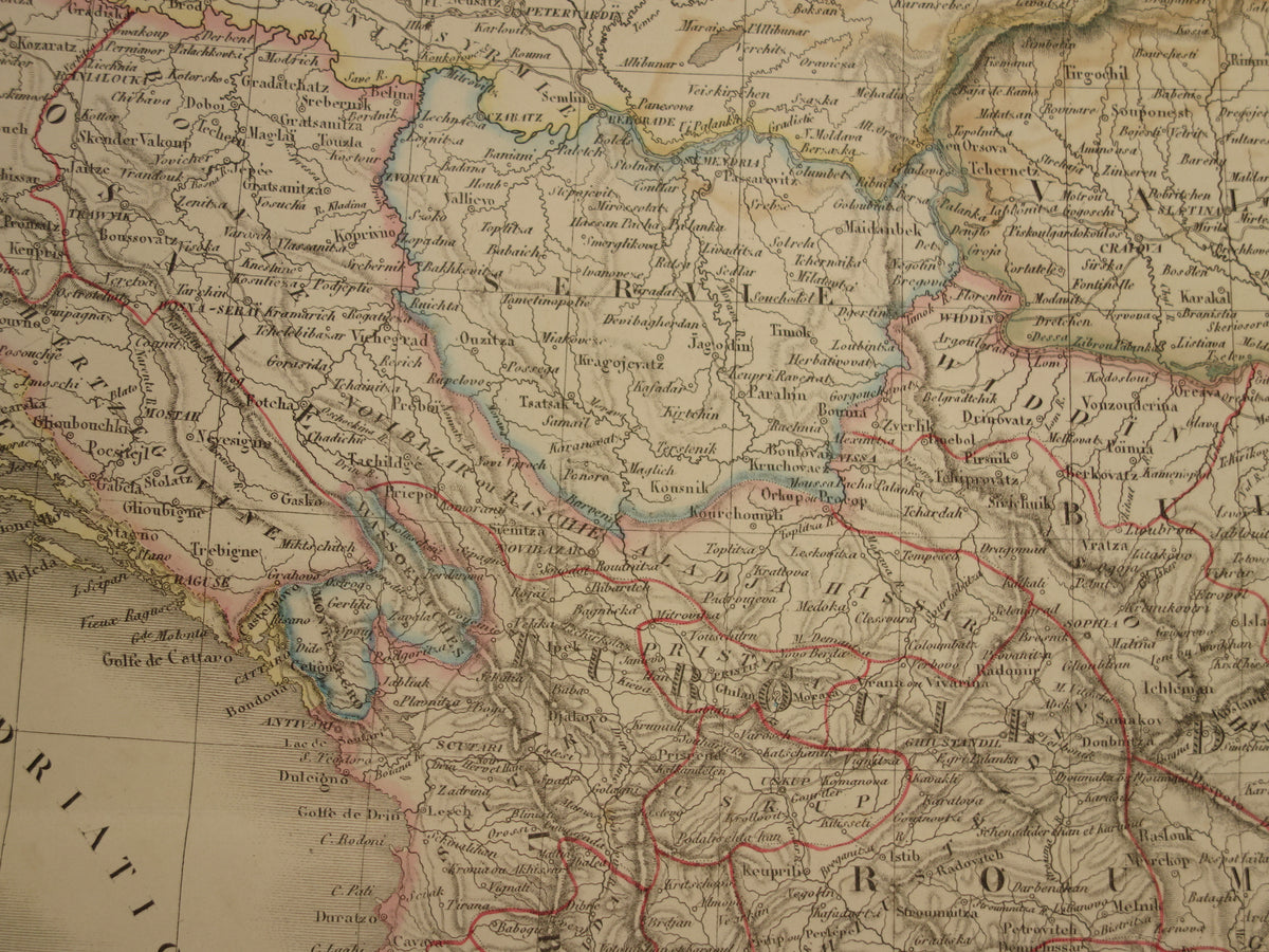 Old map Greece and Turkish Empire in the Balkans in 1851 - Antique French map Turkey Serbia Romania - hand colored vintage maps