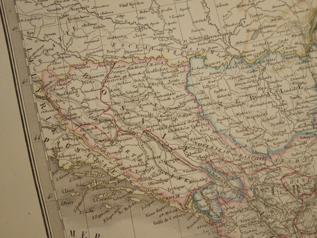 Old map Greece and Turkish Empire in the Balkans in 1851 - Antique French map Turkey Serbia Romania - hand colored vintage maps