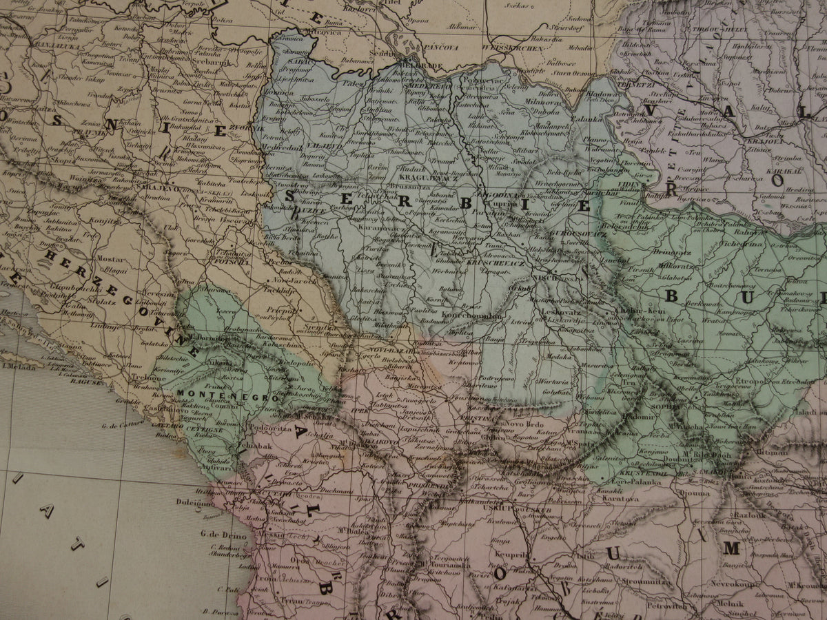 BALKANS antique map of Greece Turkish Empire from 1880 - Large old map of Romania Bulgaria Serbia Bosnia Montenegro