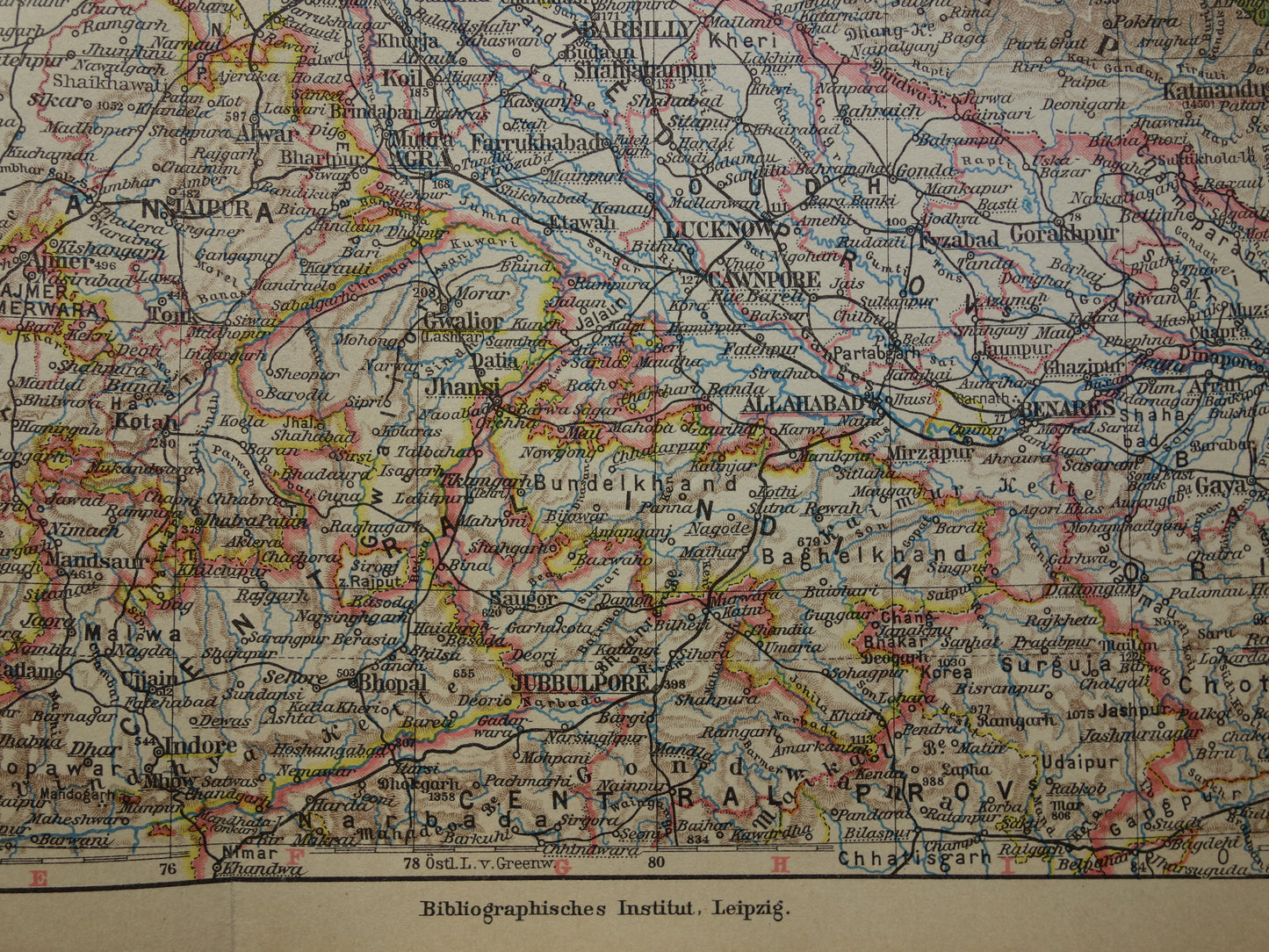 INDIA old map of north india delhi calcutta kolkata nepal kashmir 1928 original vintage map