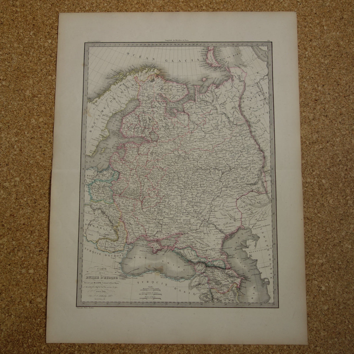Old map of European Russia from 1851 original large antique French map Russian Empire in Europe