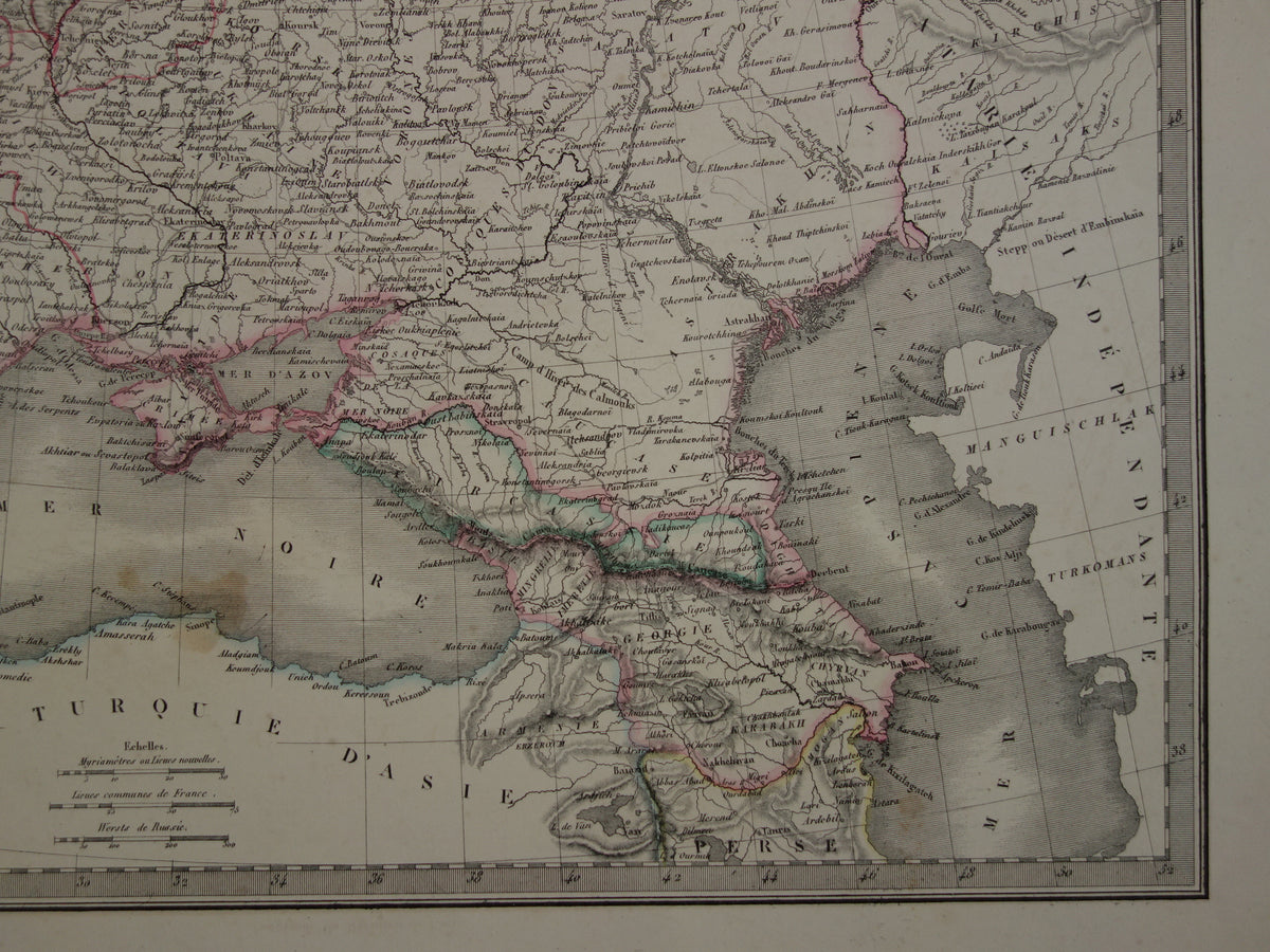 Old map of European Russia from 1851 original large antique French map Russian Empire in Europe