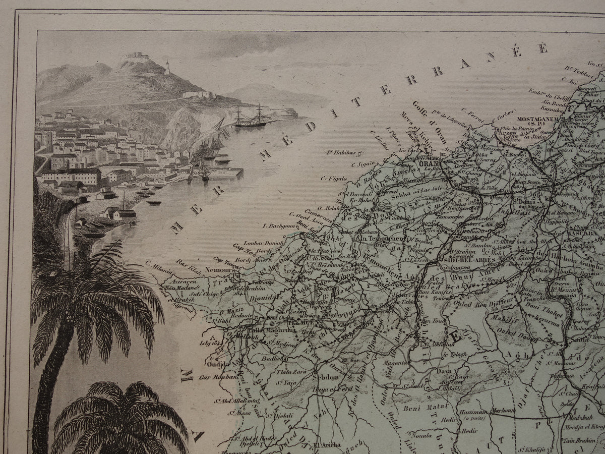 Oude kaart van ORAN provincie Algerije uit 1883 originele antieke handgekleurde landkaart Oran