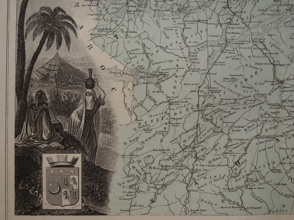 Oude kaart van ORAN provincie Algerije uit 1883 originele antieke handgekleurde landkaart Oran
