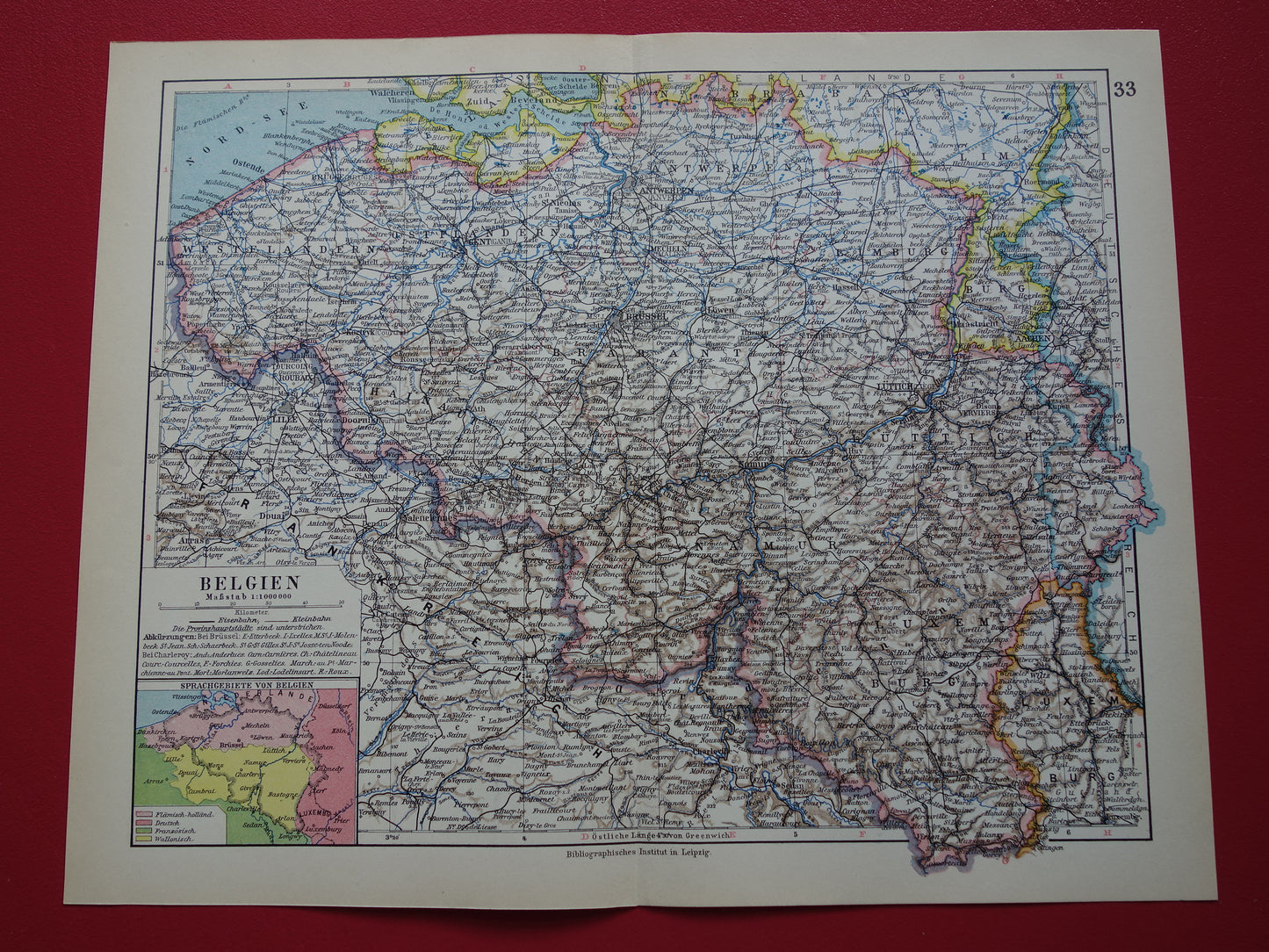 Old map of Belgium from 1928 original vintage map Brussels Antwerp Language border
