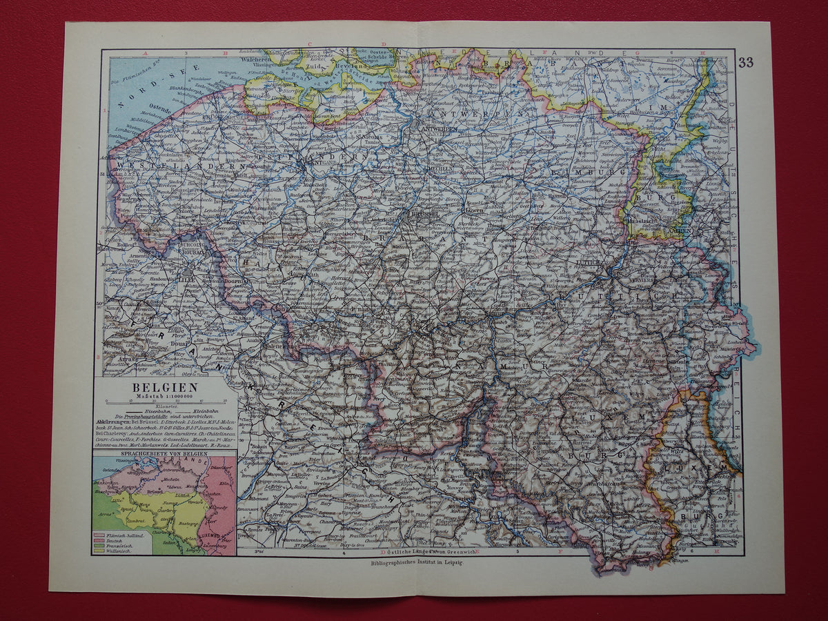 Oude kaart van België uit 1928 originele vintage landkaart Brussel Antwerpen Taalgrens