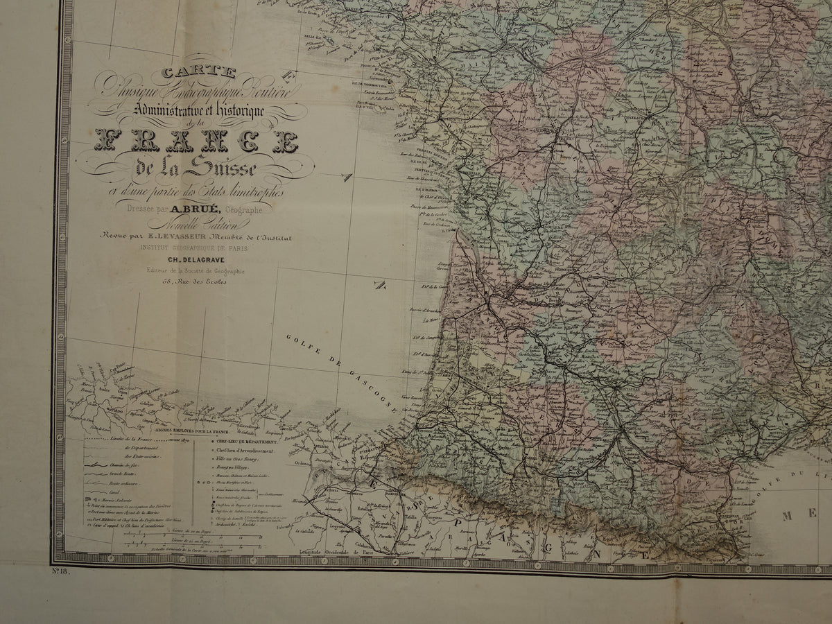 Large old map of France DAMAGED 1876 original antique old map France