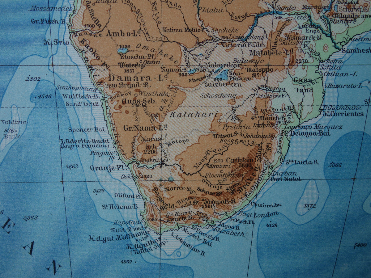 Old elevation map of Africa from 1931 original vintage map physical map of Africa continent - old german maps