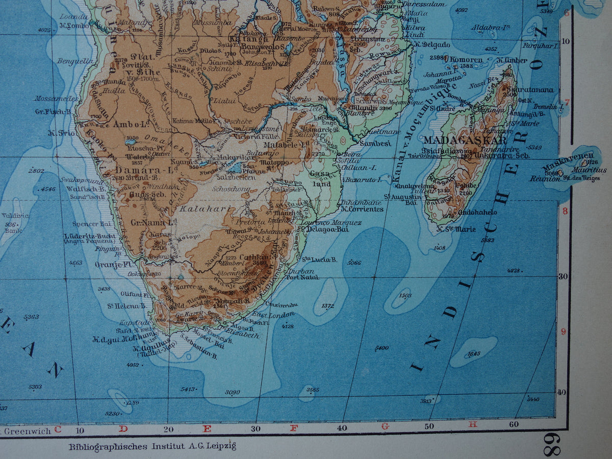 Old elevation map of Africa from 1931 original vintage map physical map of Africa continent - old german maps