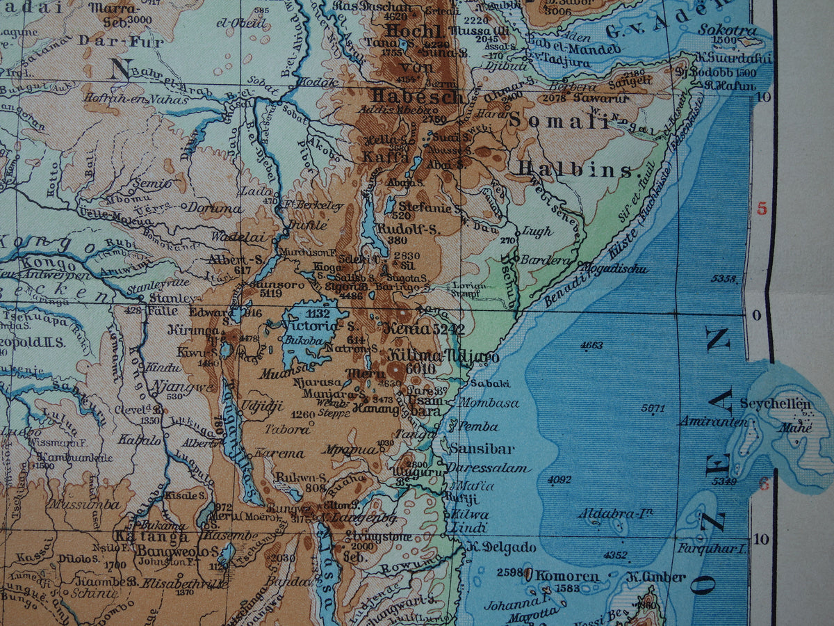 Old elevation map of Africa from 1931 original vintage map physical map of Africa continent - old german maps