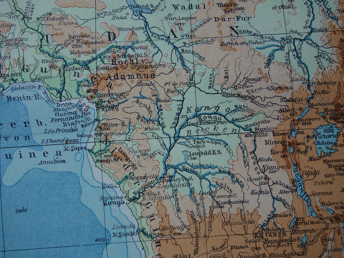 Old elevation map of Africa from 1931 original vintage map physical map of Africa continent - old german maps