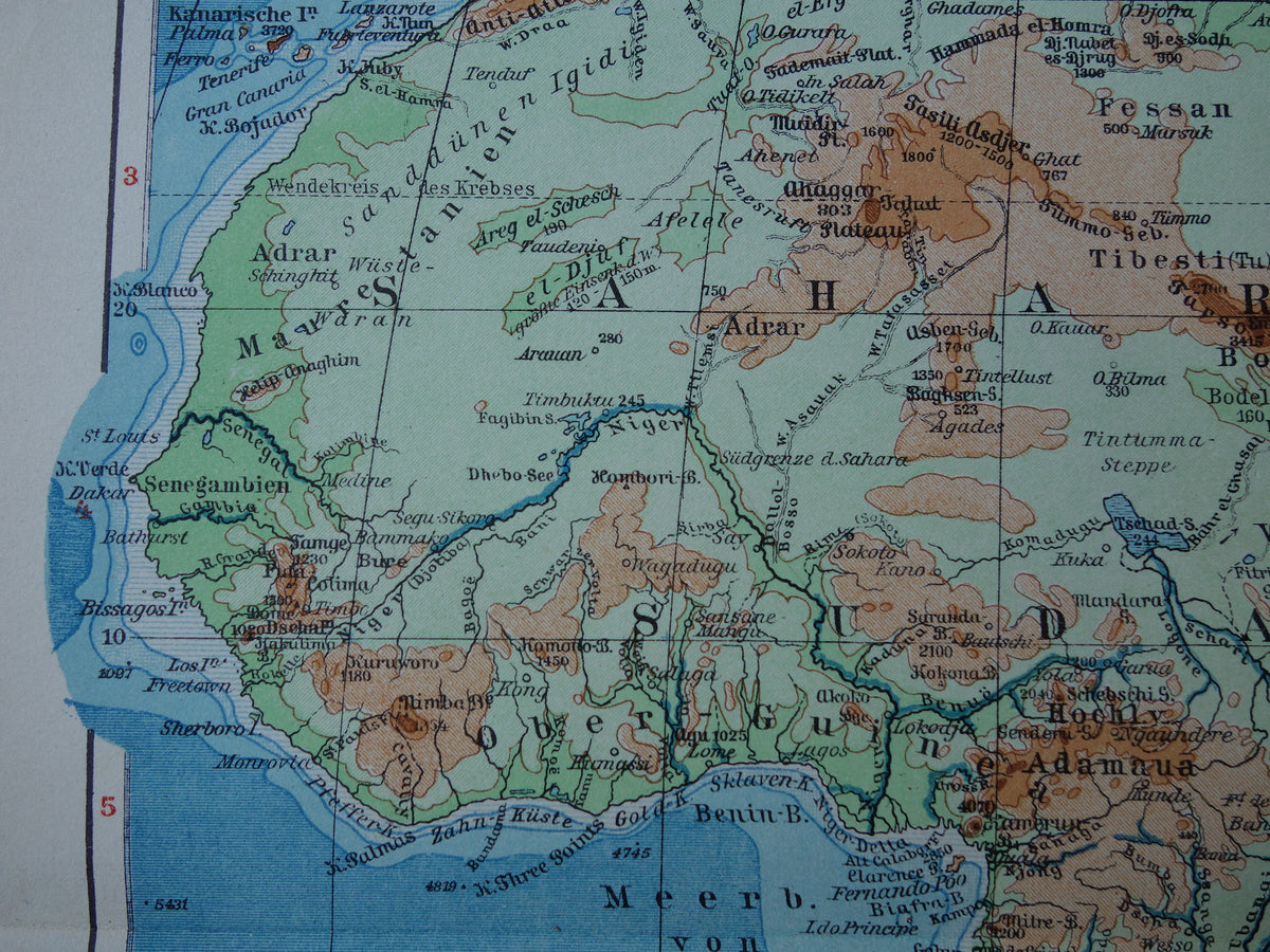 Old elevation map of Africa from 1931 original vintage map physical map of Africa continent - old german maps