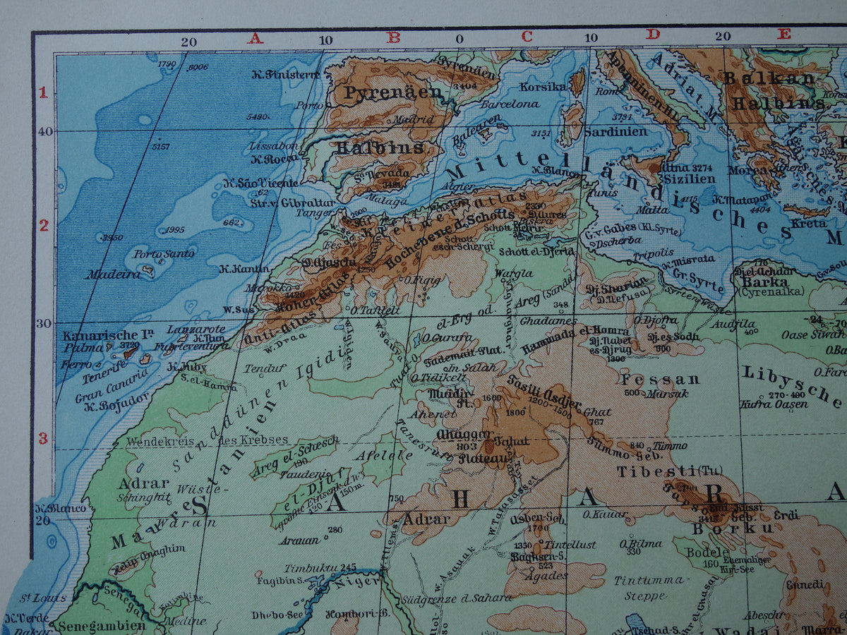 Old elevation map of Africa from 1931 original vintage map physical map of Africa continent - old german maps