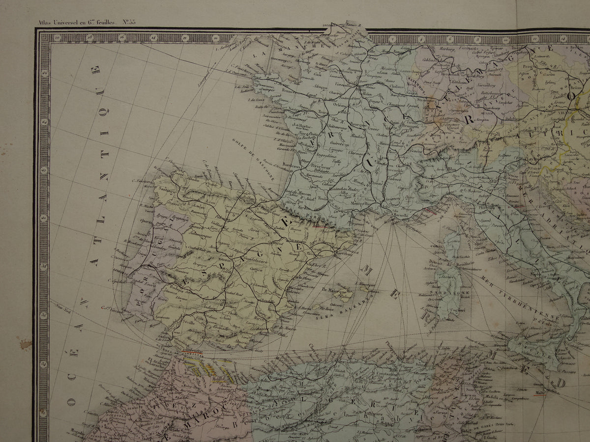 MIDDELLANDSE ZEE Grote oude kaart van Middellandse Zee regio uit 1876 originele antieke handgekleurde landkaart poster