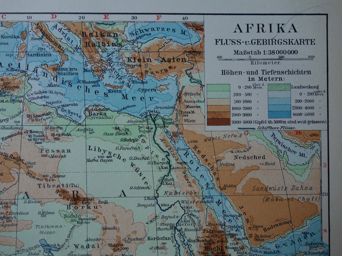 Old elevation map of Africa from 1931 original vintage map physical map of Africa continent - old german maps