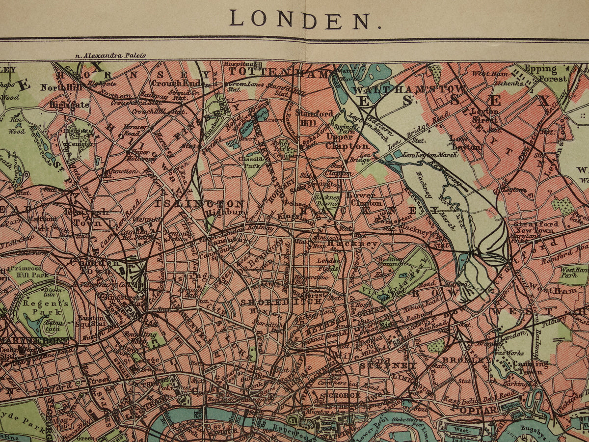 LONDEN oude kaart uit 1909 originele Nederlandse antieke landkaart van Londen en omgeving