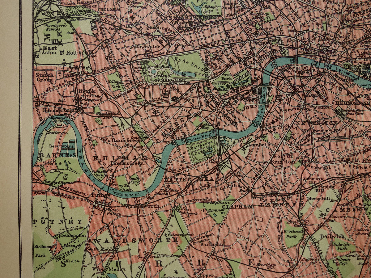 LONDEN oude kaart uit 1909 originele Nederlandse antieke landkaart van Londen en omgeving