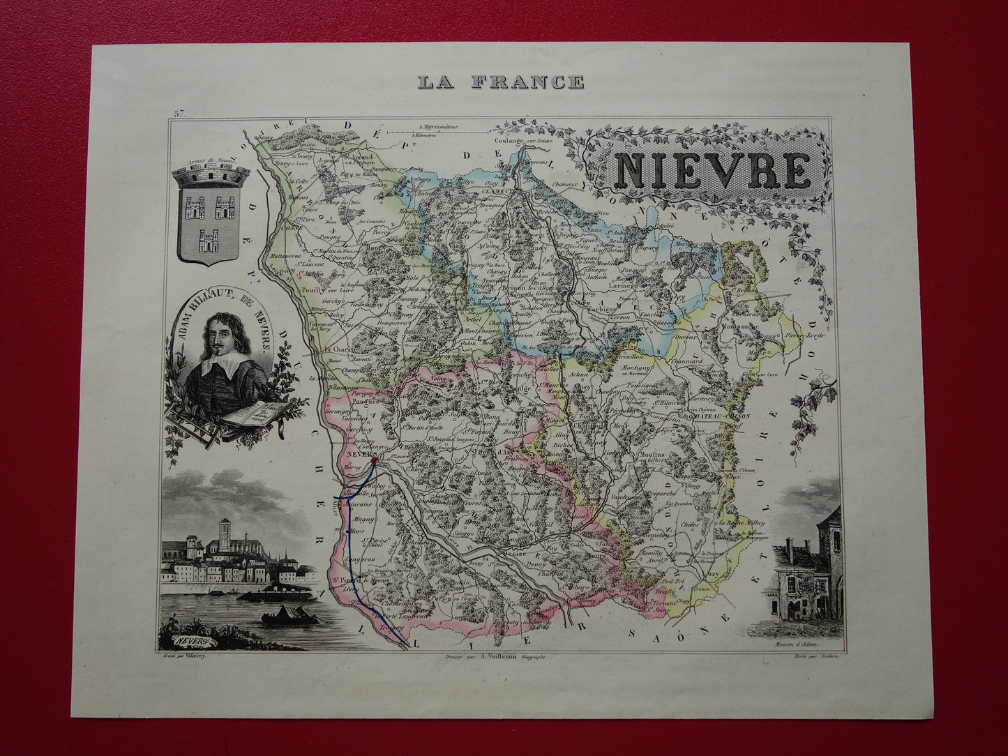 Old map of NIEVRE department in France from 1856 original antique hand-colored map Nevers Decize Cosne-Cours-sur-Loire