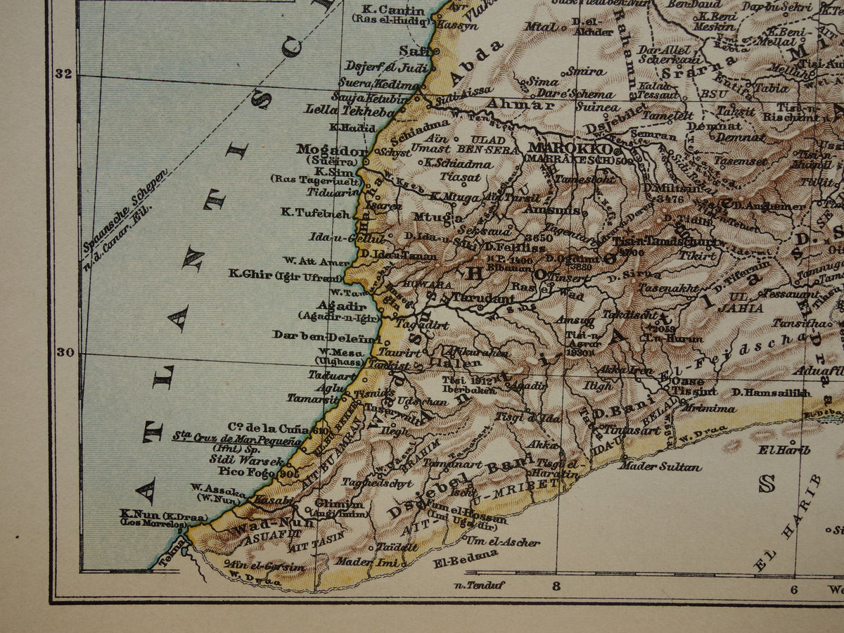 Old map of Morocco from 1909 original antique Dutch map - small vintage maps