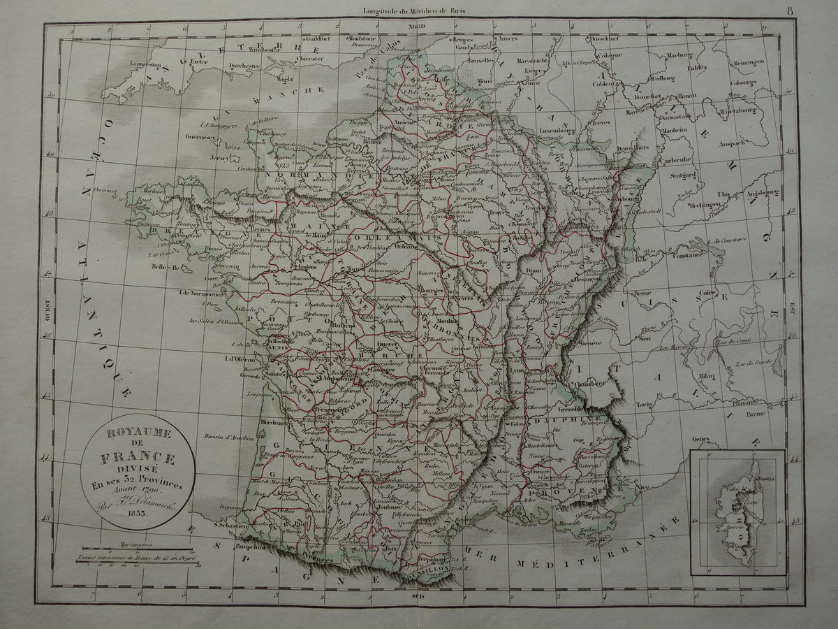 FRANCE old historical map of 32 provinces France before 1790 - original antique map from 1833