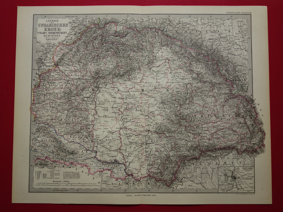 Hongarije Roemenië vintage landkaart uit 1878 van Budapest Transsylvanië Originele oude antieke kaart met jaartal - historische kaarten Oostenrijk-Hongarije