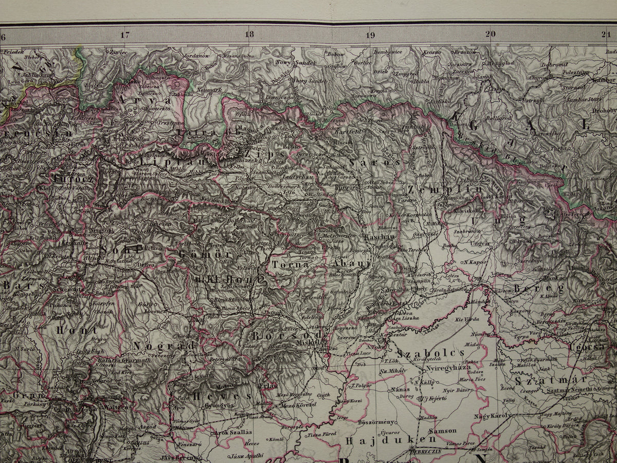 Hungary Romania vintage map from 1878 of Budapest Transylvania Original old antique map with date - historical maps Austria-Hungary